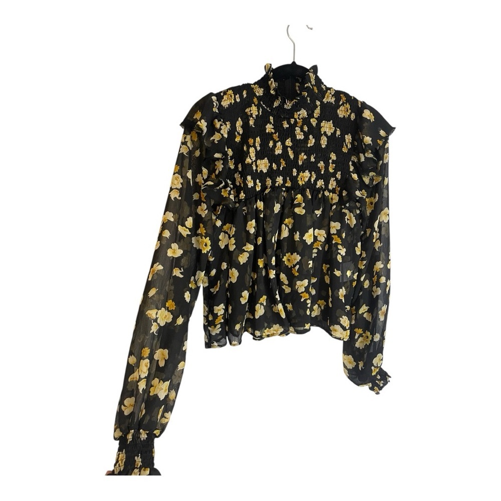 Elegant Floral Black and Yellow Ruffled Puff Sleeve Blouse - Picture 6 of 9